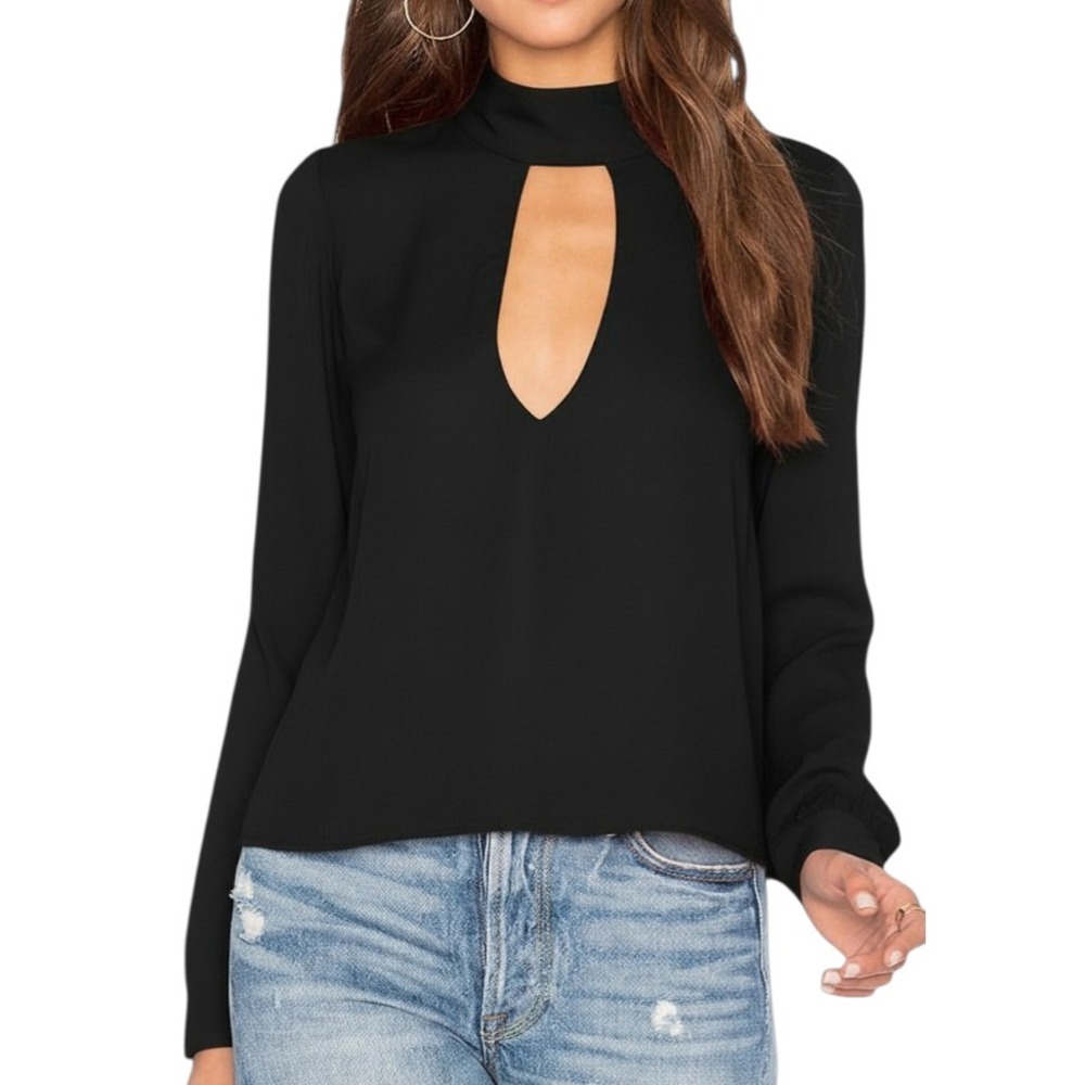 FLYNN SKYE Textured Black LEAH BLOUSE TOP Deep Keyhole OPEN BACK Choker Halter M